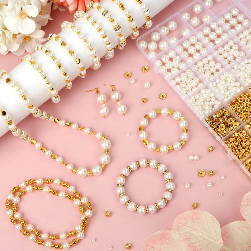 shynek 1352 Pieces Gold Spacer Beads and Pearl Beads for Bracelets  Assorted Gold Beads  Pearls for Bracelet Jewelry Making - Image 2